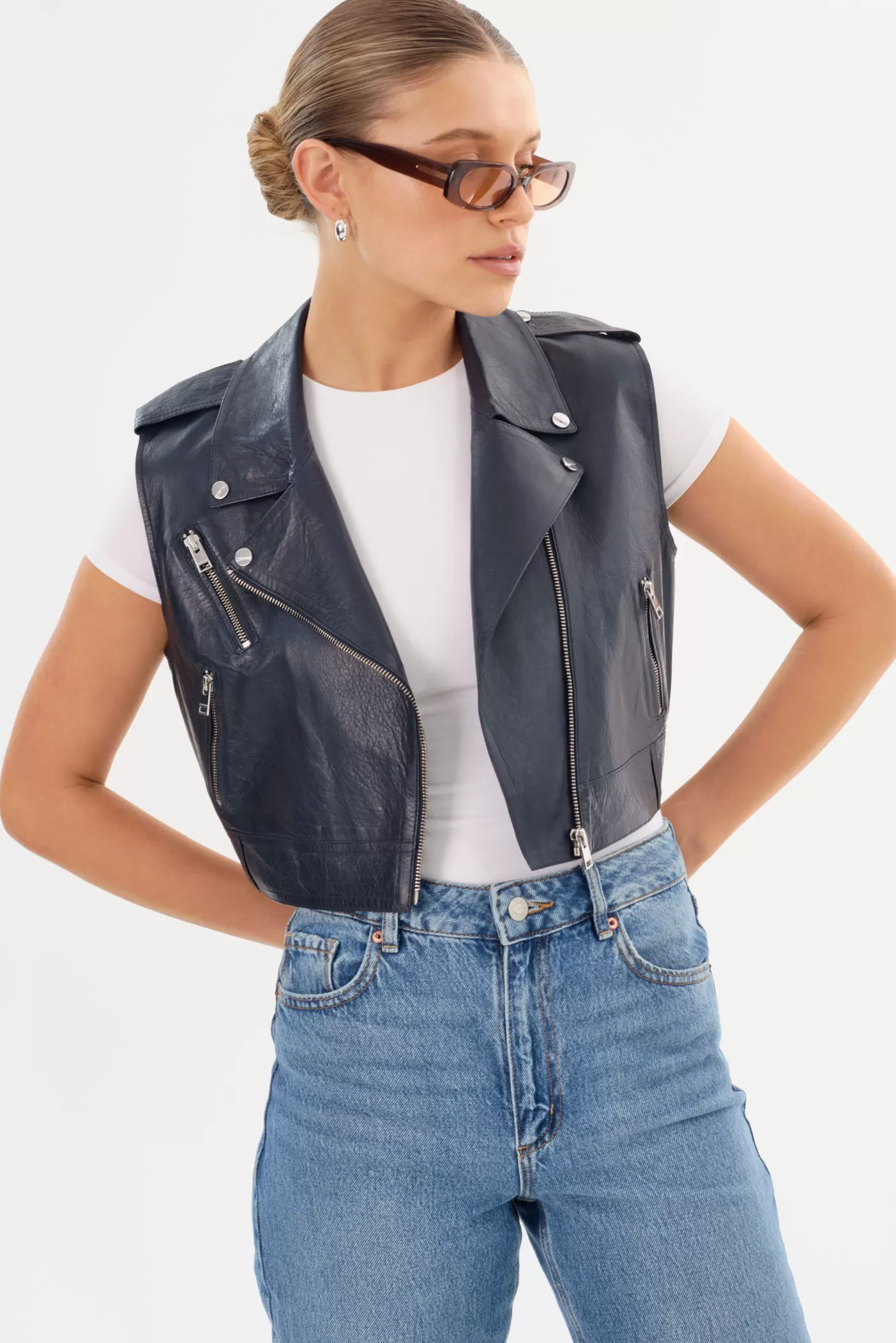 LAMARQUE AMALIA | Leather Biker Vest Navy Hot