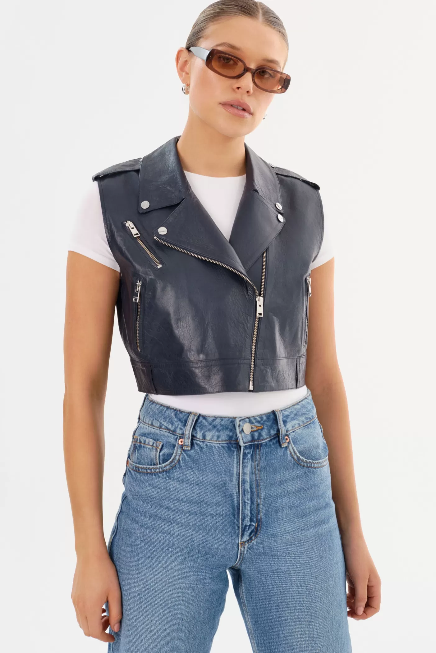 LAMARQUE AMALIA | Leather Biker Vest Navy Hot