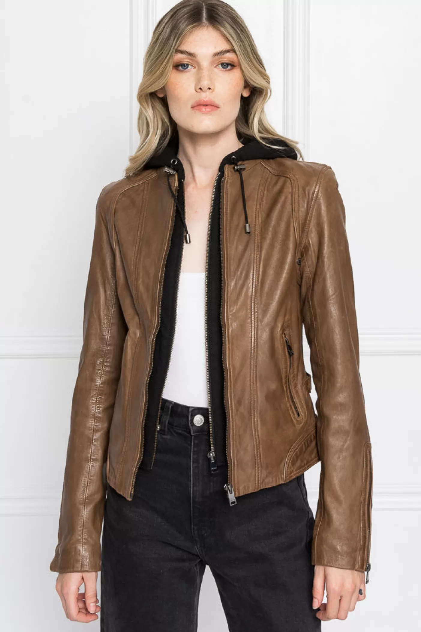 LAMARQUE ARLETTE Veste Moto En Cuir Convertible Brun Cuir brut Outlet