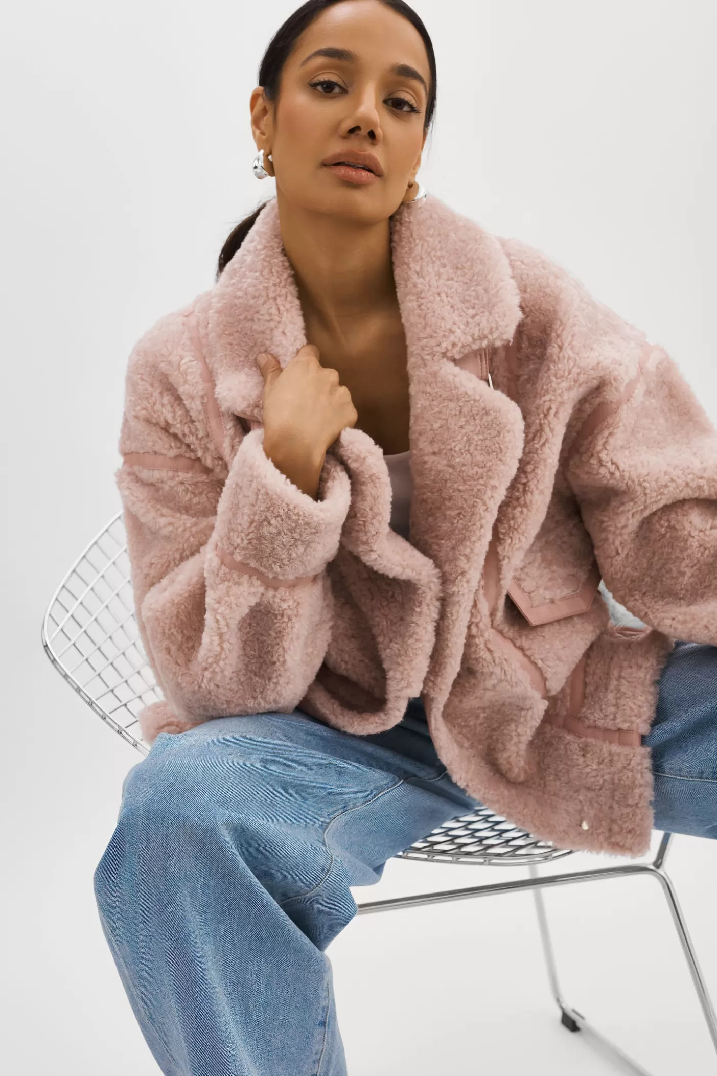 LAMARQUE BADU | Veste Oversize En Fausse Peau De Mouton Rose clair Online