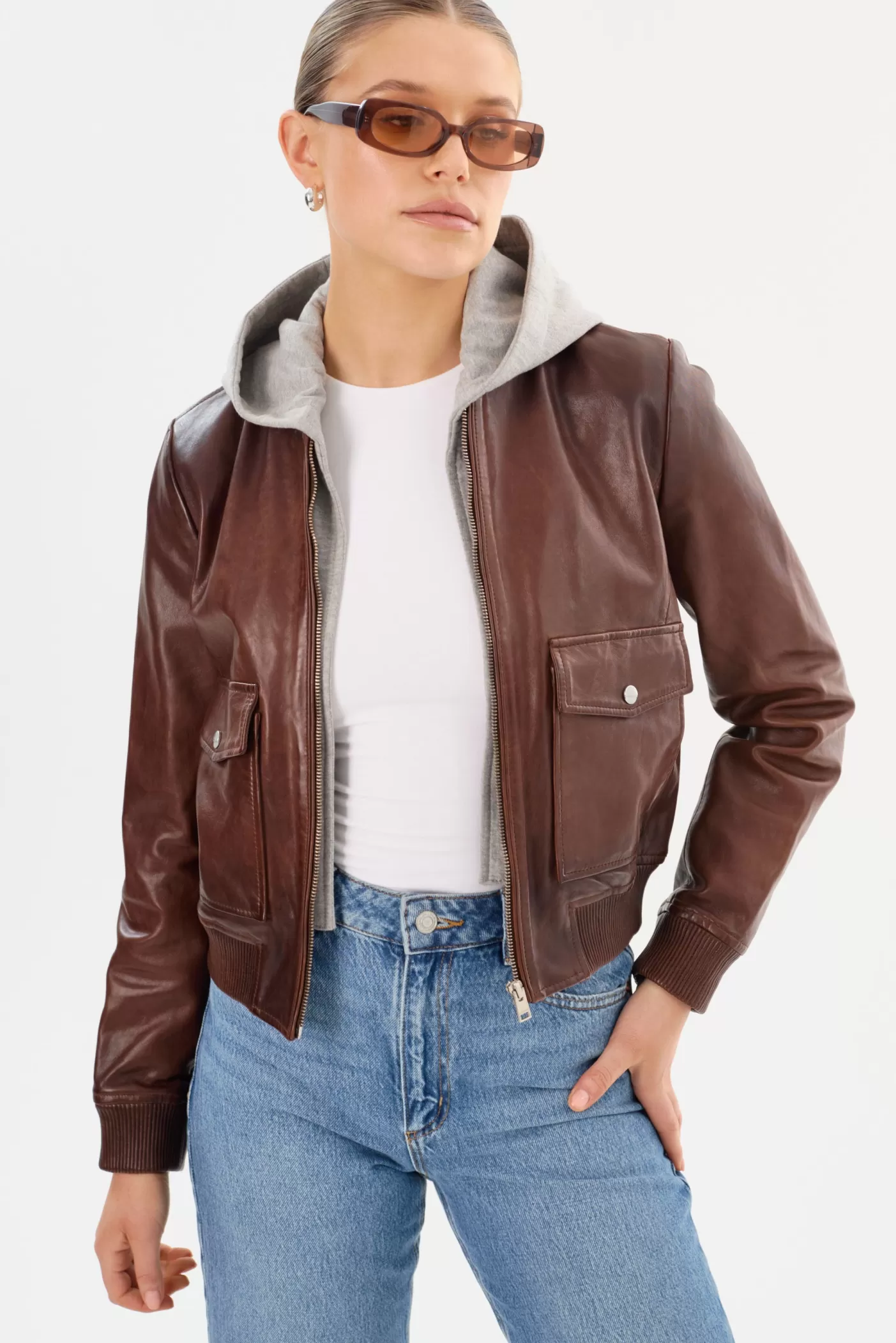 LAMARQUE CANDACE | Leather Bomber Jacket Chocolate Brown/Heather Grey Online