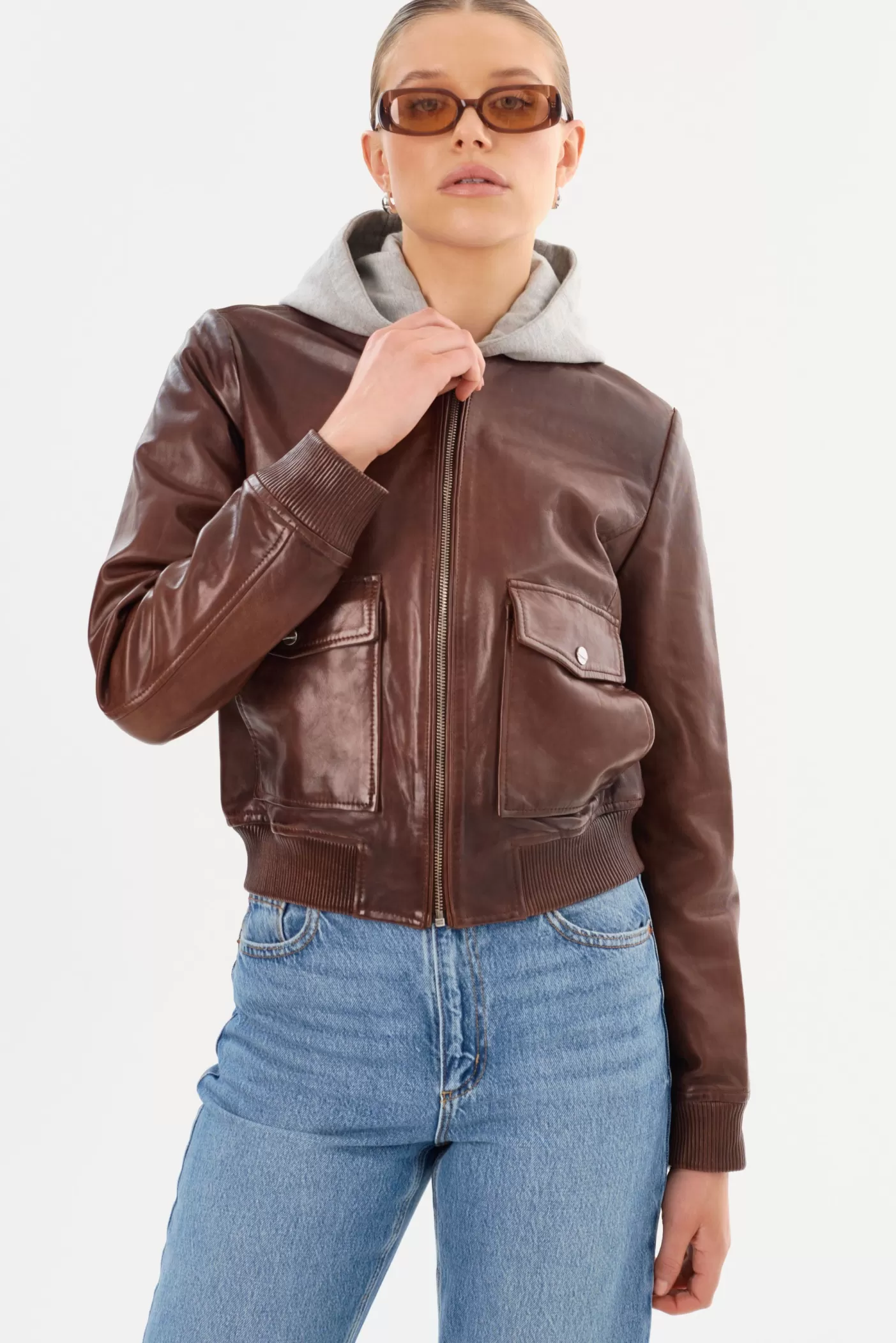 LAMARQUE CANDACE | Leather Bomber Jacket Chocolate Brown/Heather Grey Online