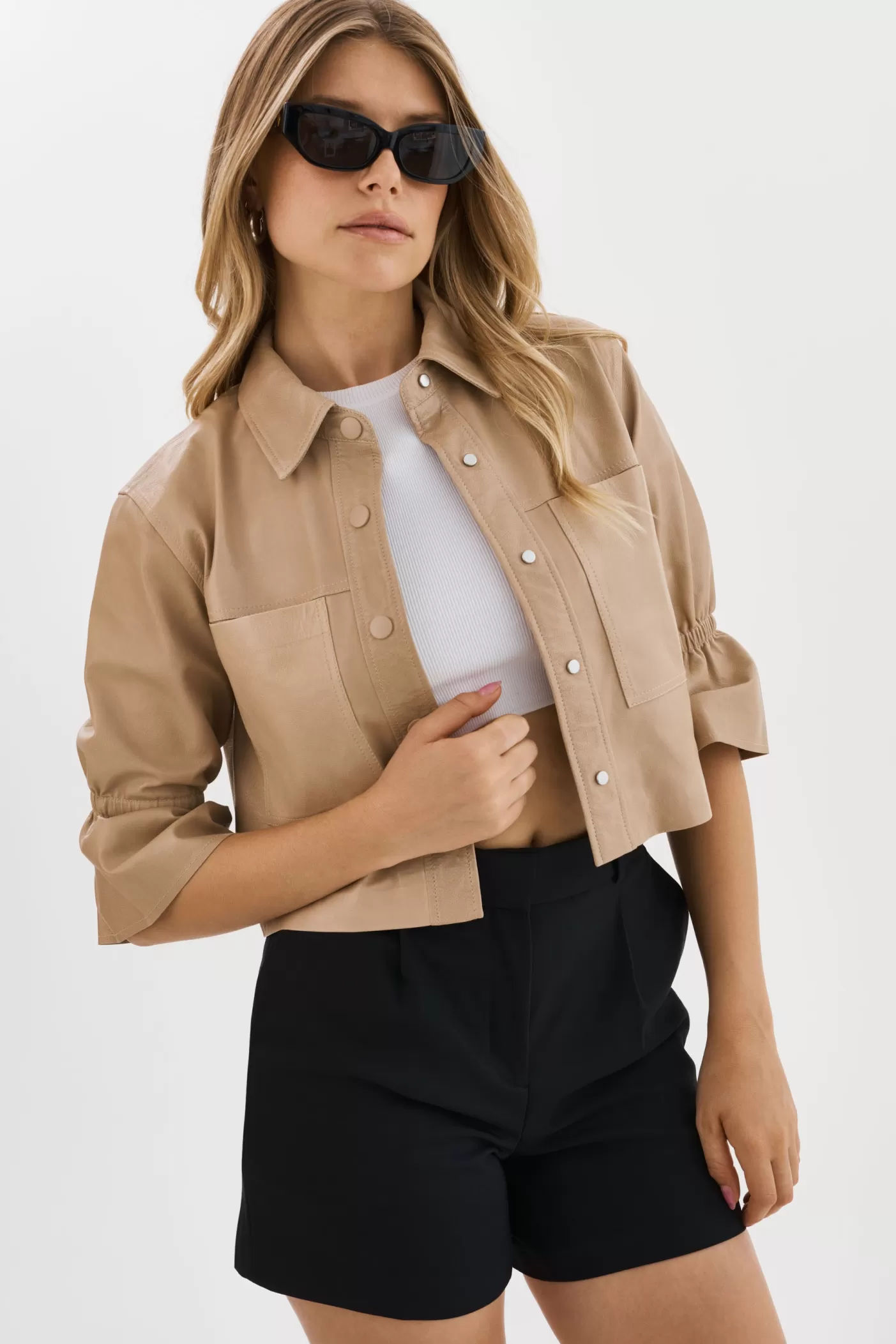 LAMARQUE CAROLINA | Veste En Cuir à Manches à Volants Beige Hot