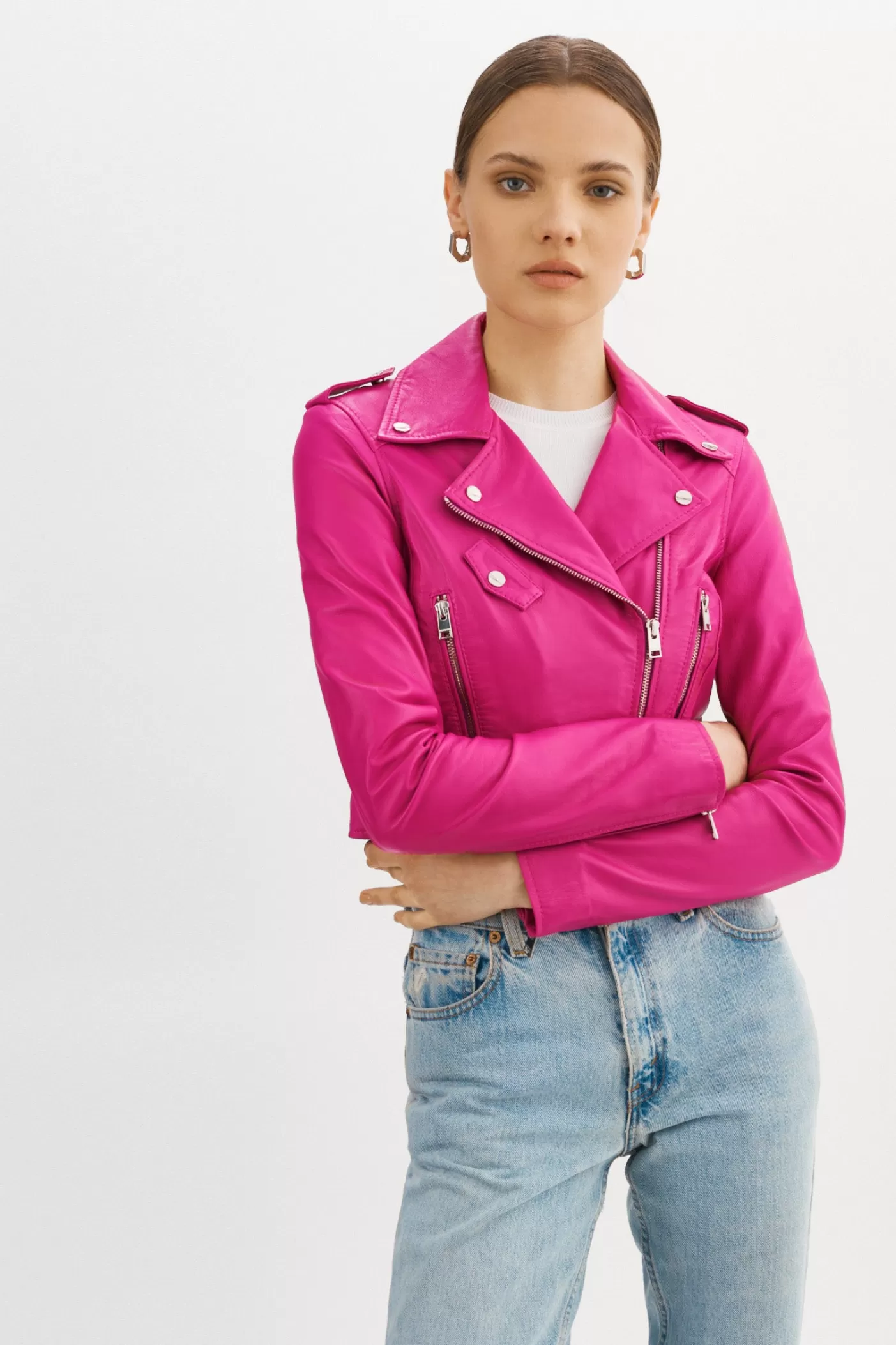 LAMARQUE CIARA | Veste Motard Courte En Cuir Fuchsia Cheap