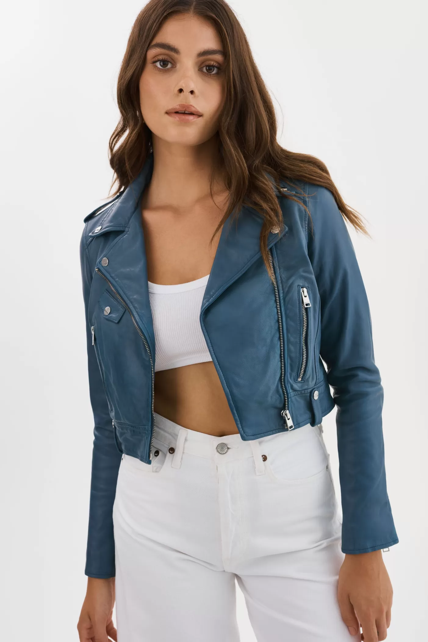 LAMARQUE CIARA | Veste Motard Courte En Cuir Bleu Ardoise Best Sale