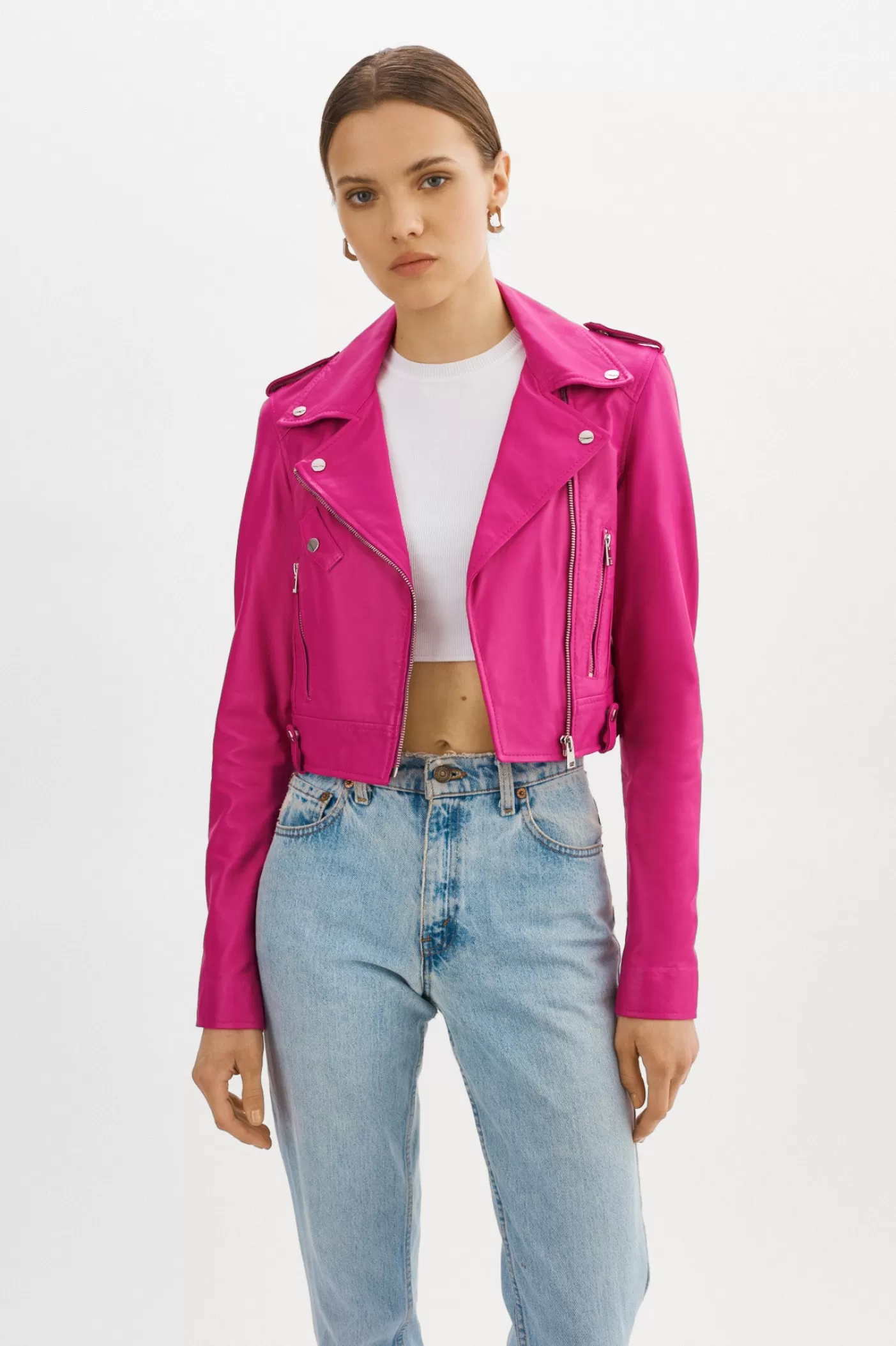 LAMARQUE CIARA | Veste Motard Courte En Cuir Fuchsia Cheap