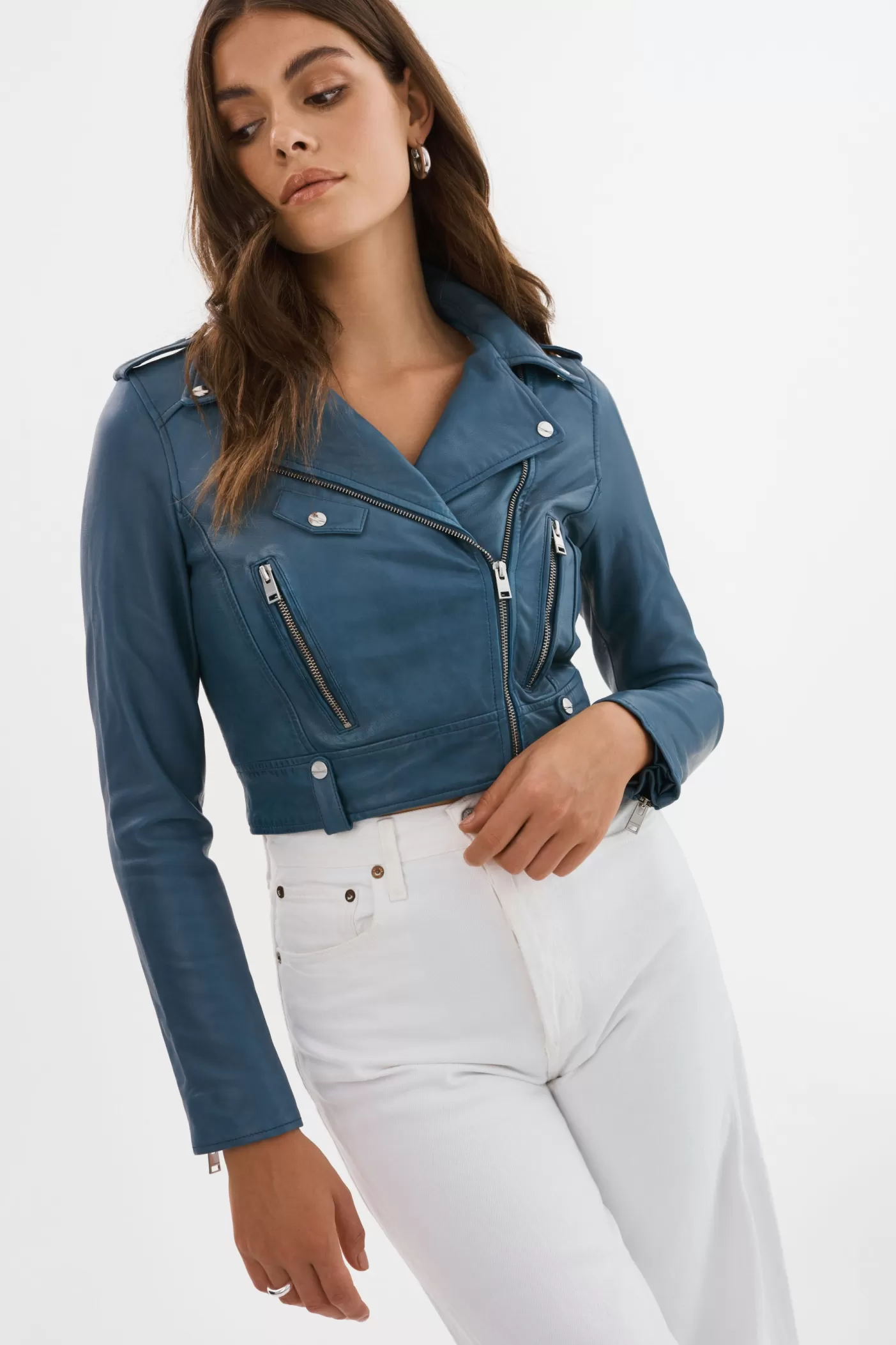 LAMARQUE CIARA | Veste Motard Courte En Cuir Bleu Ardoise Best Sale