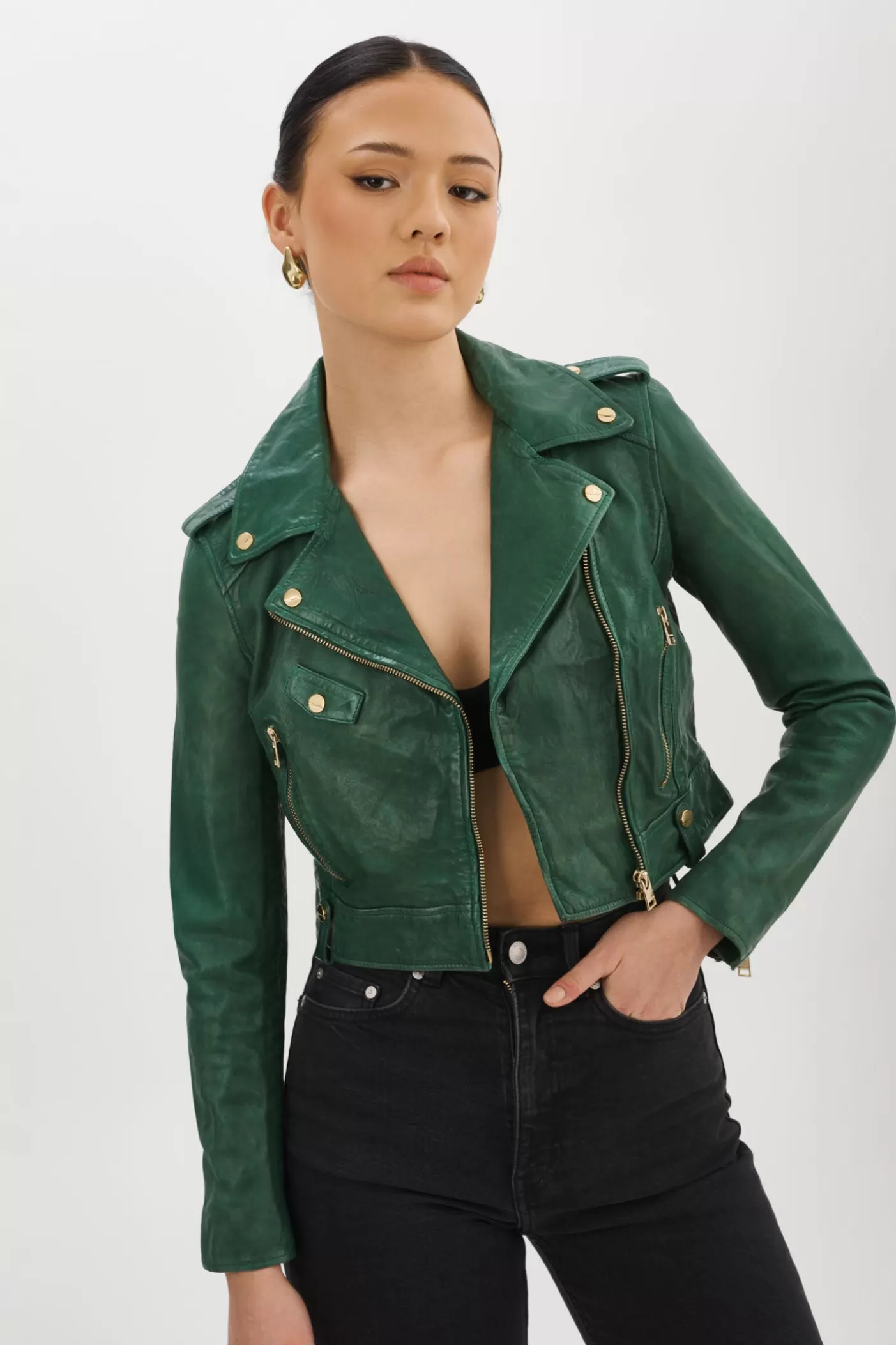 LAMARQUE CIARA OR | Veste Motard Courte En Cuir Bouteille verte Online