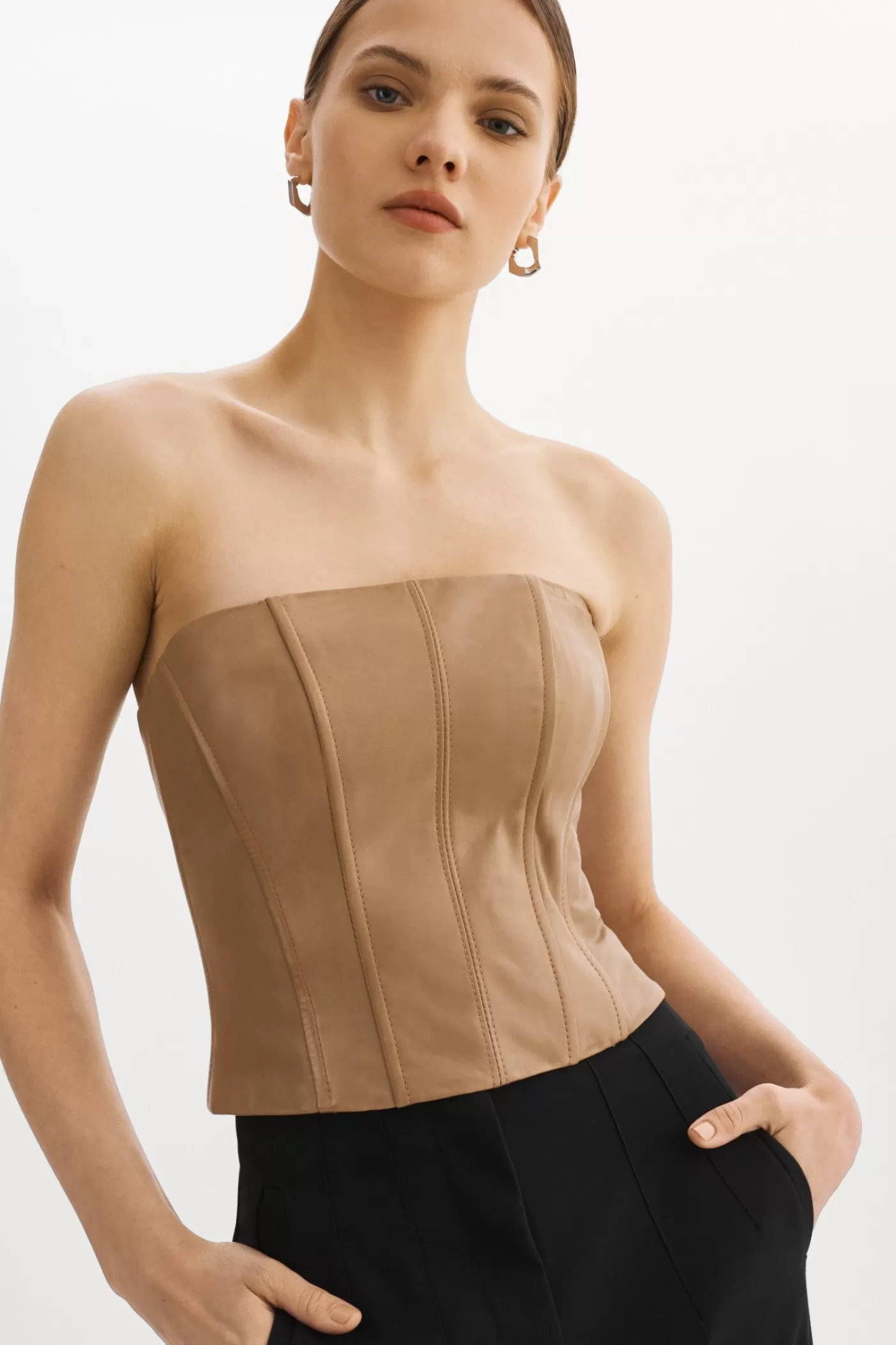 LAMARQUE DAVINA Bustier En Cuir Sesame Cheap