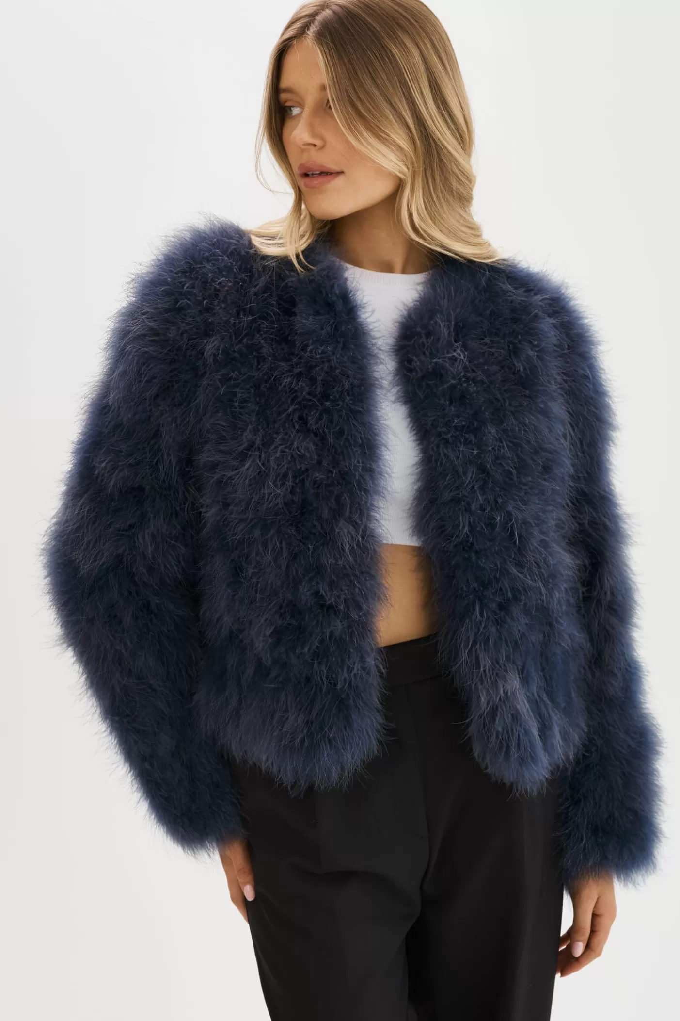 LAMARQUE DEORA | Veste En Plumes BLEU NUIT Cheap