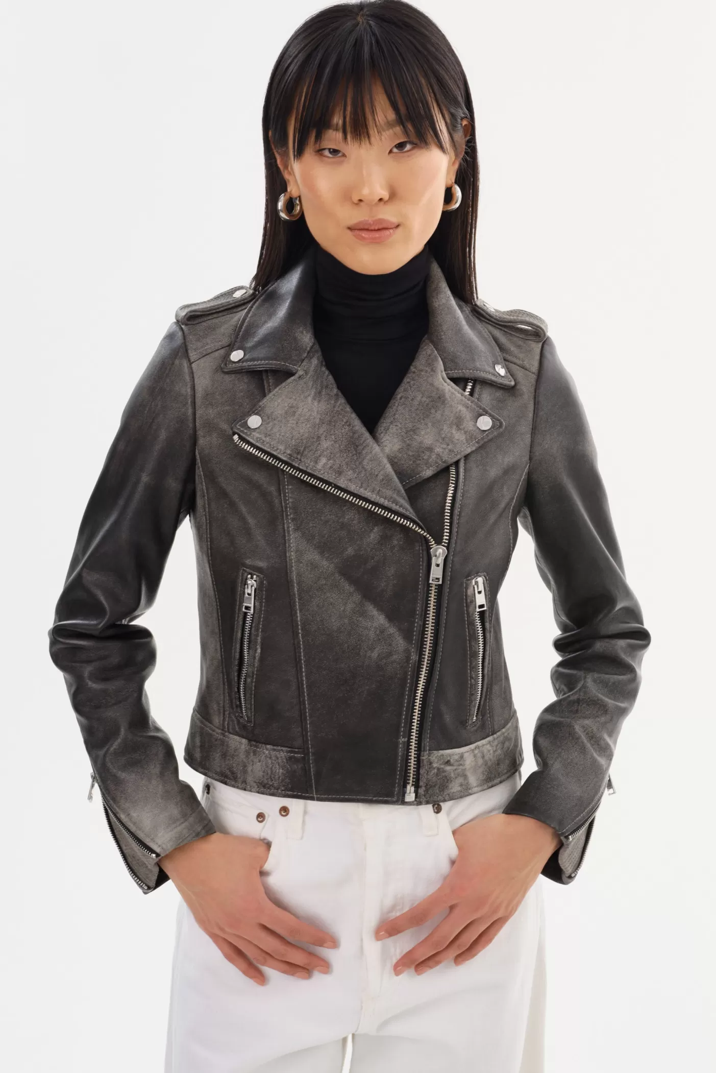 LAMARQUE DONNA | Veste Moto Signature En Cuir Gris fossile Cheap