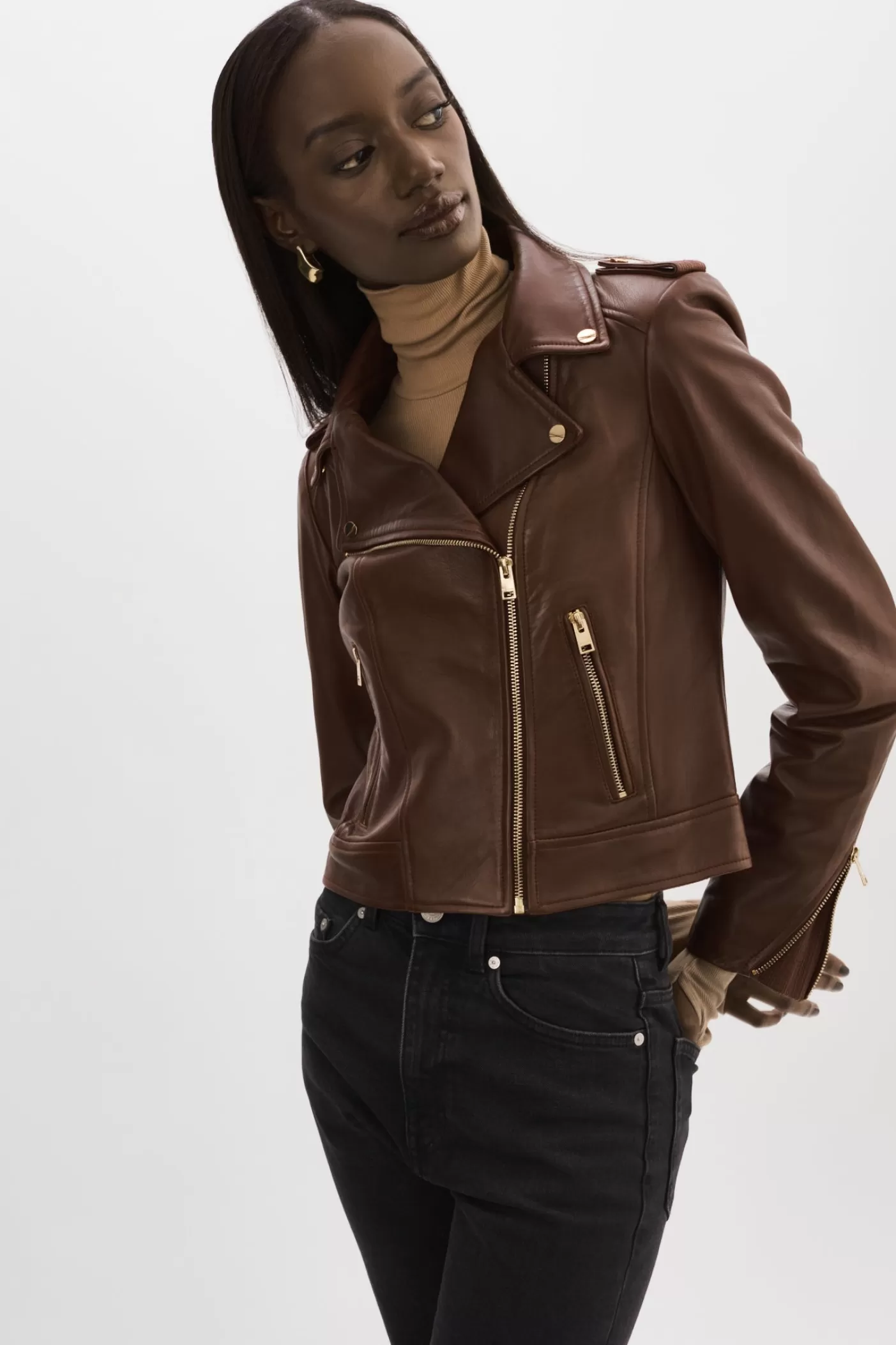 LAMARQUE DONNA | Veste Moto Signature En Cuir Chocolat Flash Sale