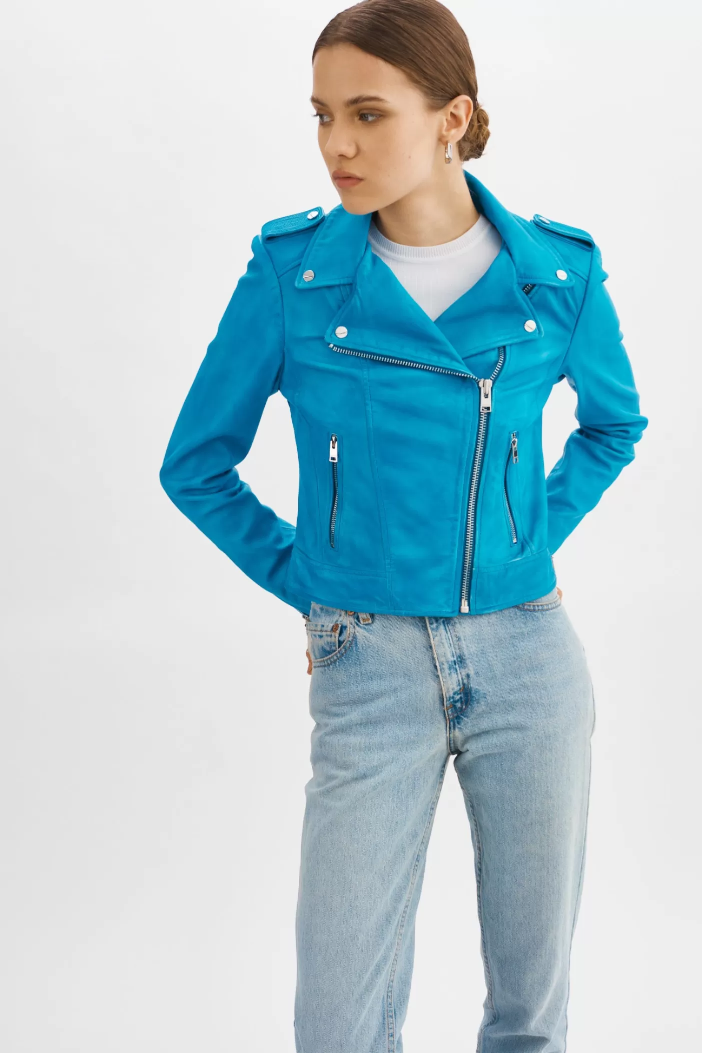 LAMARQUE DONNA | Veste Moto Signature En Cuir Jean délavé Best Sale