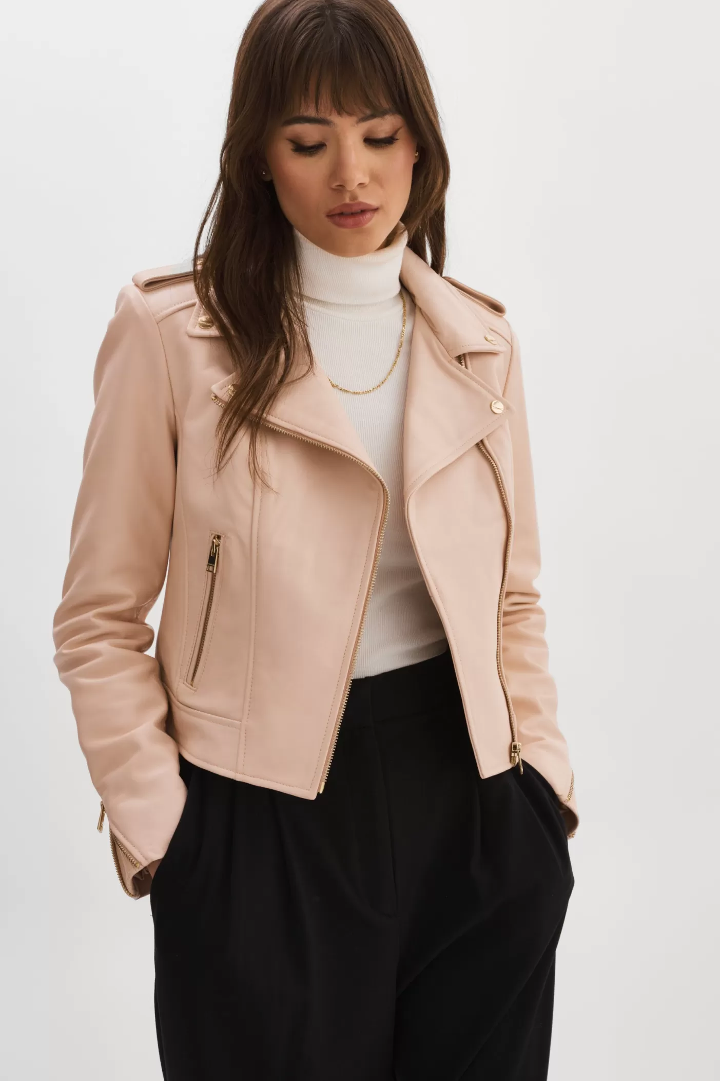 LAMARQUE DONNA OR | Veste Moto Signature En Cuir Rose ballet Clearance