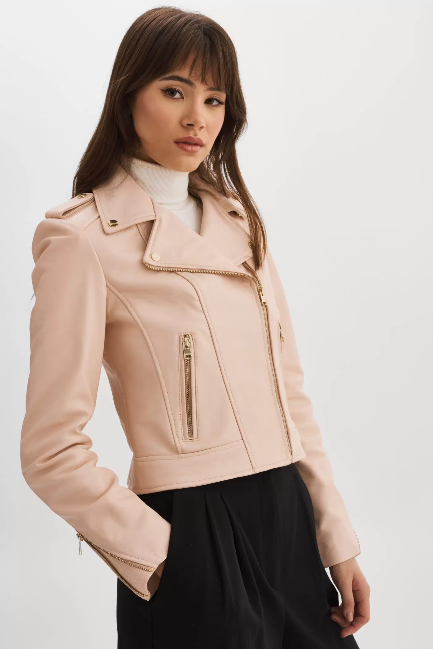 LAMARQUE DONNA OR | Veste Moto Signature En Cuir Rose ballet Clearance