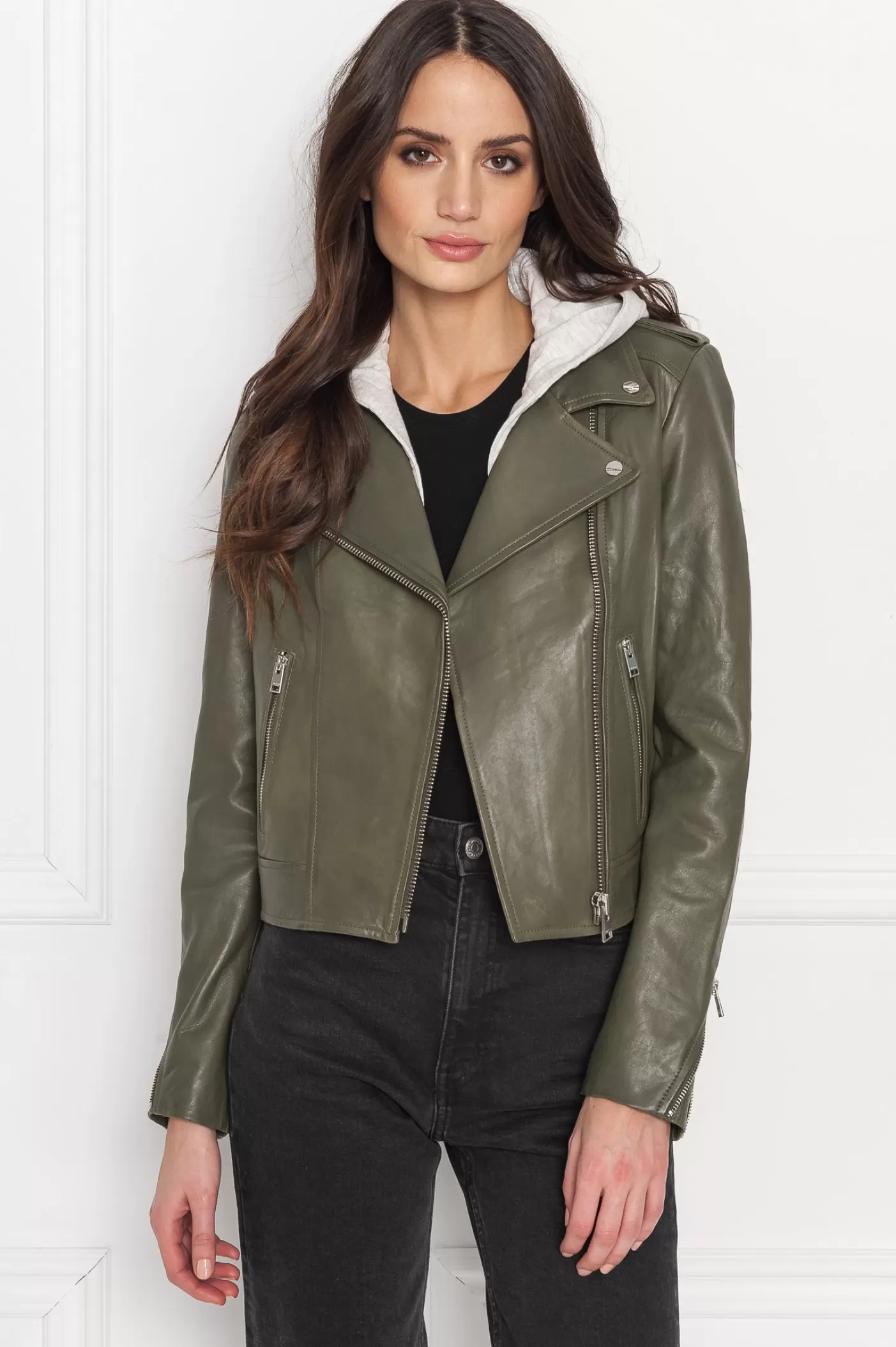 LAMARQUE HOLY | Veste Moto En Cuir Avec Capuchon Amovible Olive poussiéreuse Hot