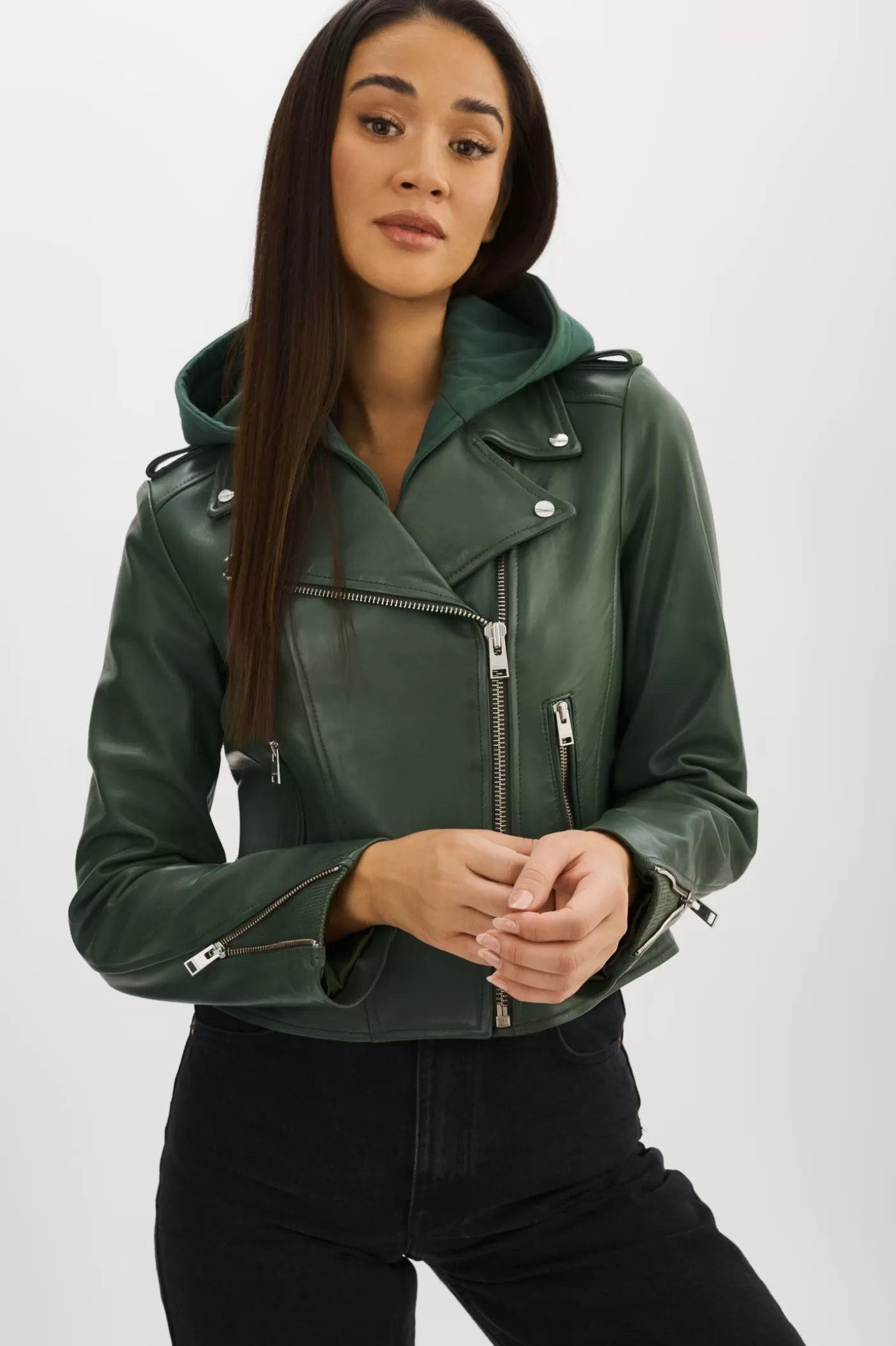 LAMARQUE HOLY | Veste Moto En Cuir Avec Capuchon Amovible Vert alpin Store