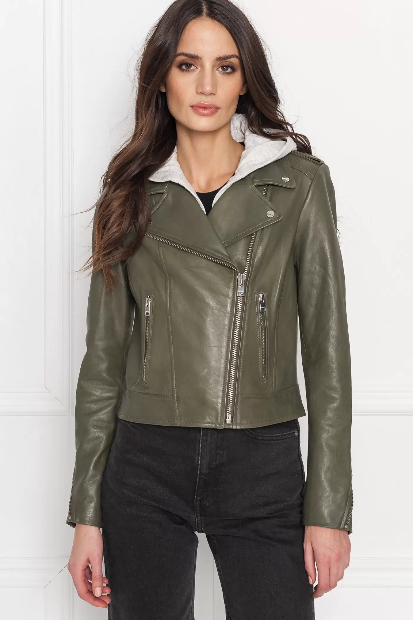 LAMARQUE HOLY | Veste Moto En Cuir Avec Capuchon Amovible Olive poussiéreuse Hot