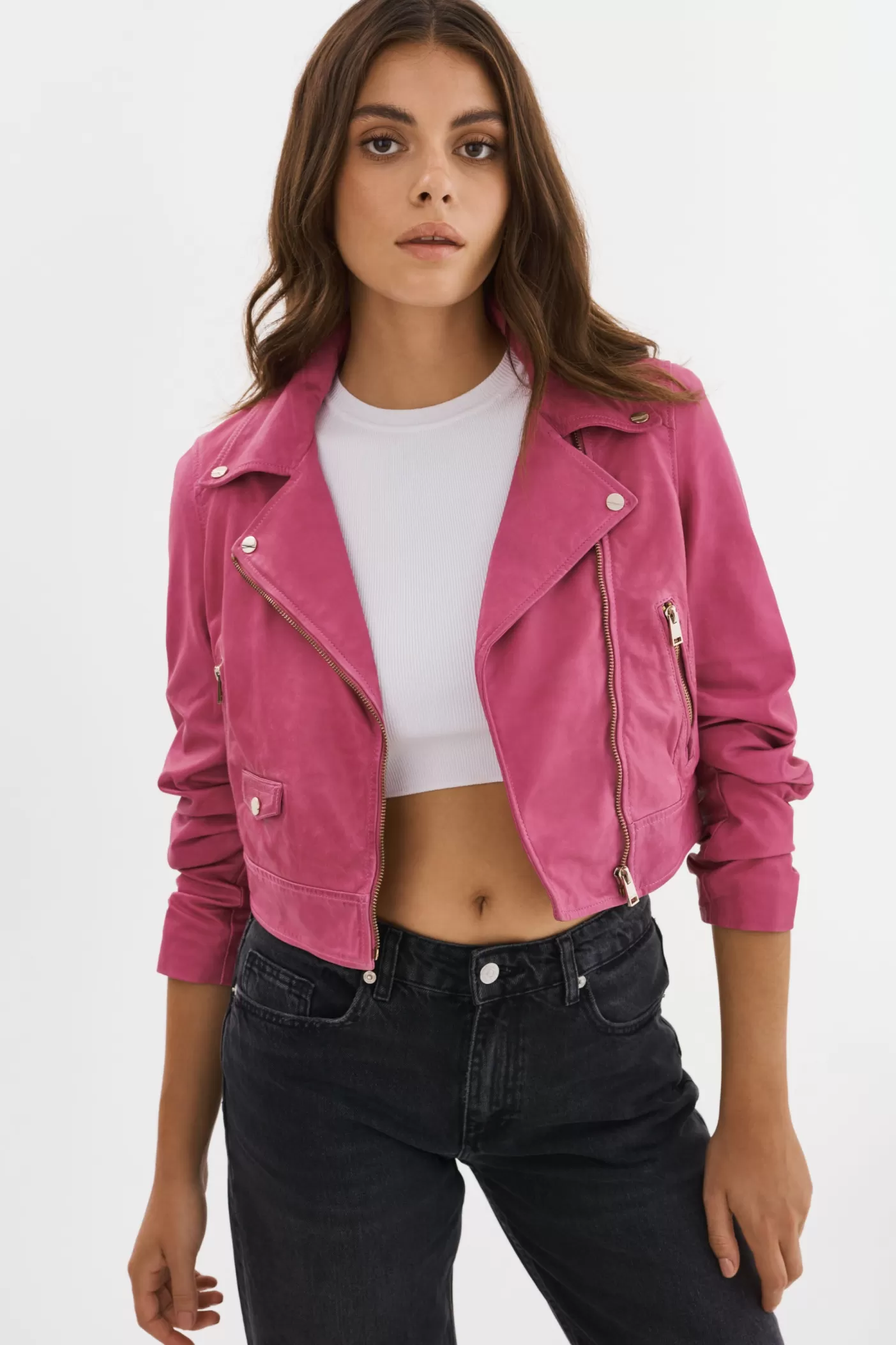 LAMARQUE JANIKA | Veste Motard Courte En Cuir Super rose Best Sale