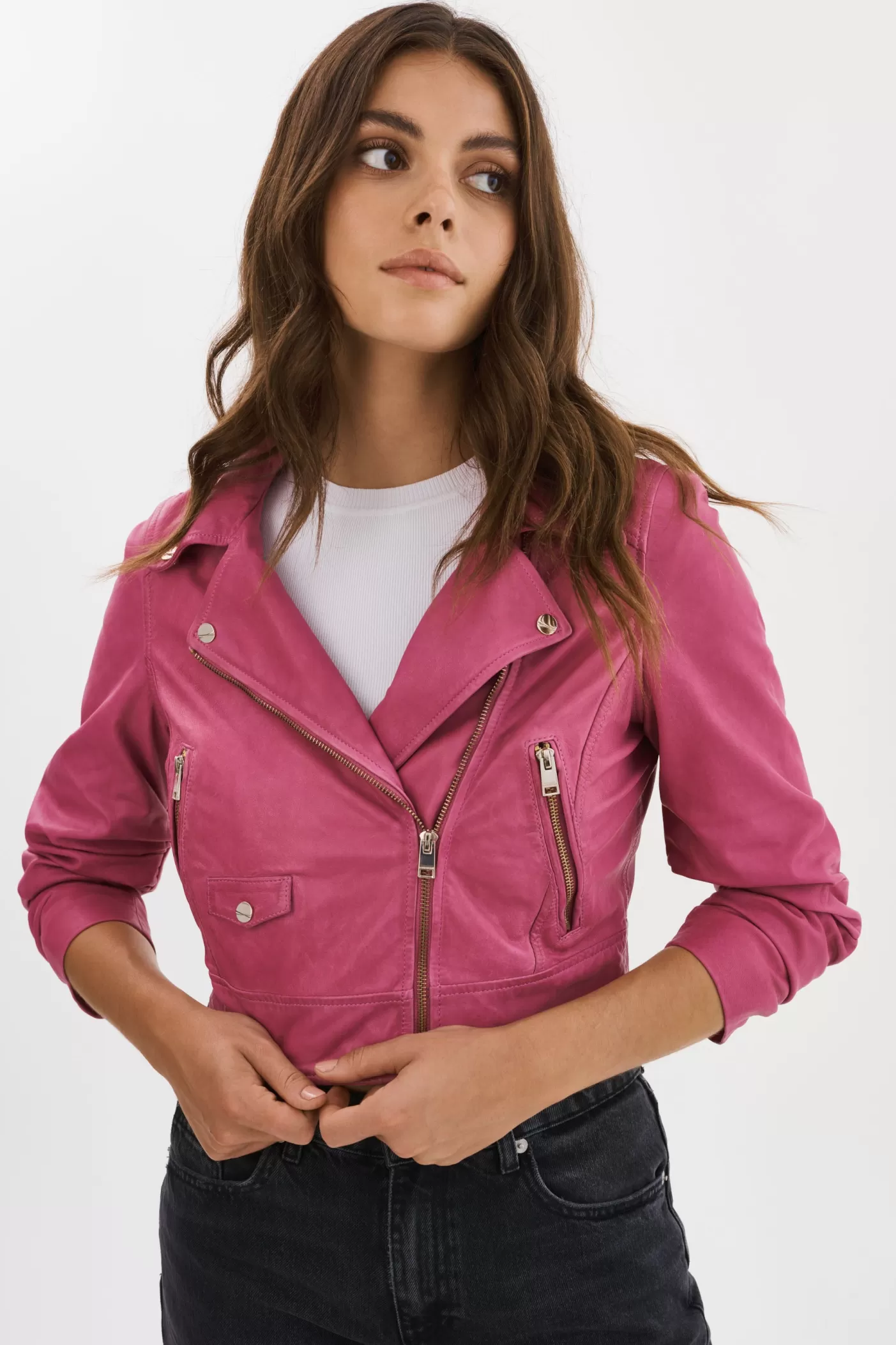 LAMARQUE JANIKA | Veste Motard Courte En Cuir Super rose Best Sale