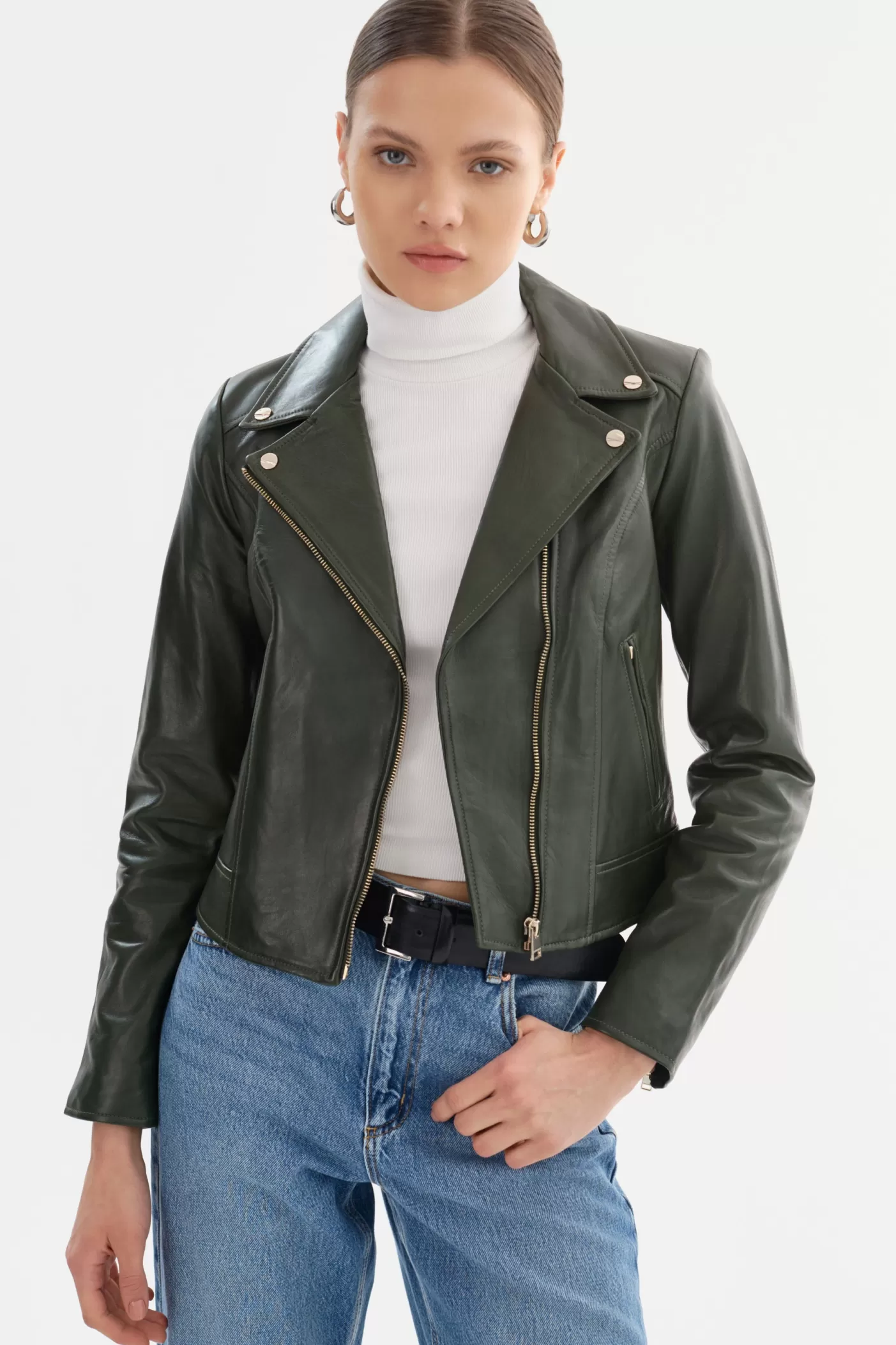 LAMARQUE KELSEY | Biker Leather Jacket Champagne Hardware Dark Olive Shop