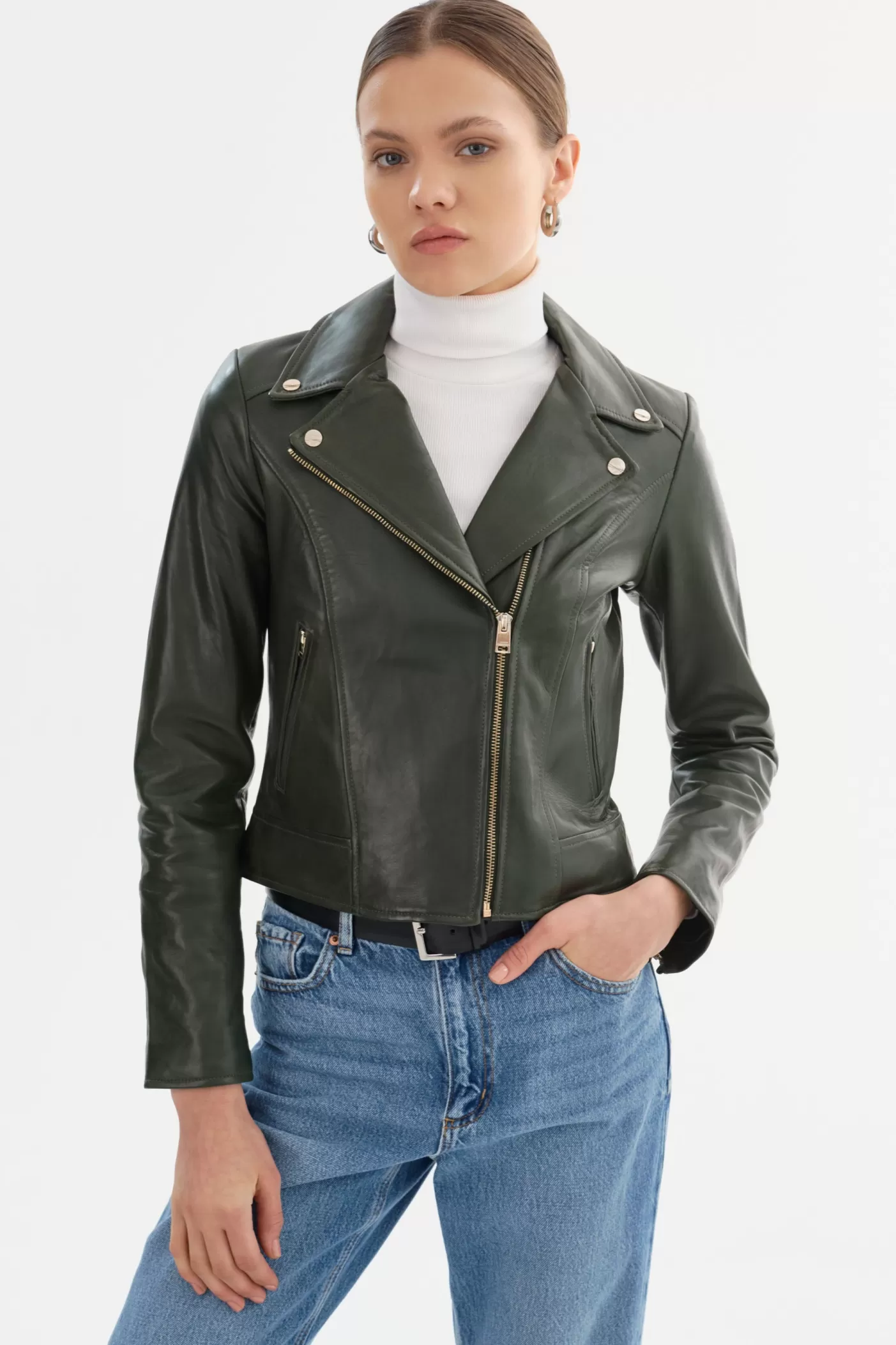 LAMARQUE KELSEY | Biker Leather Jacket Champagne Hardware Dark Olive Shop