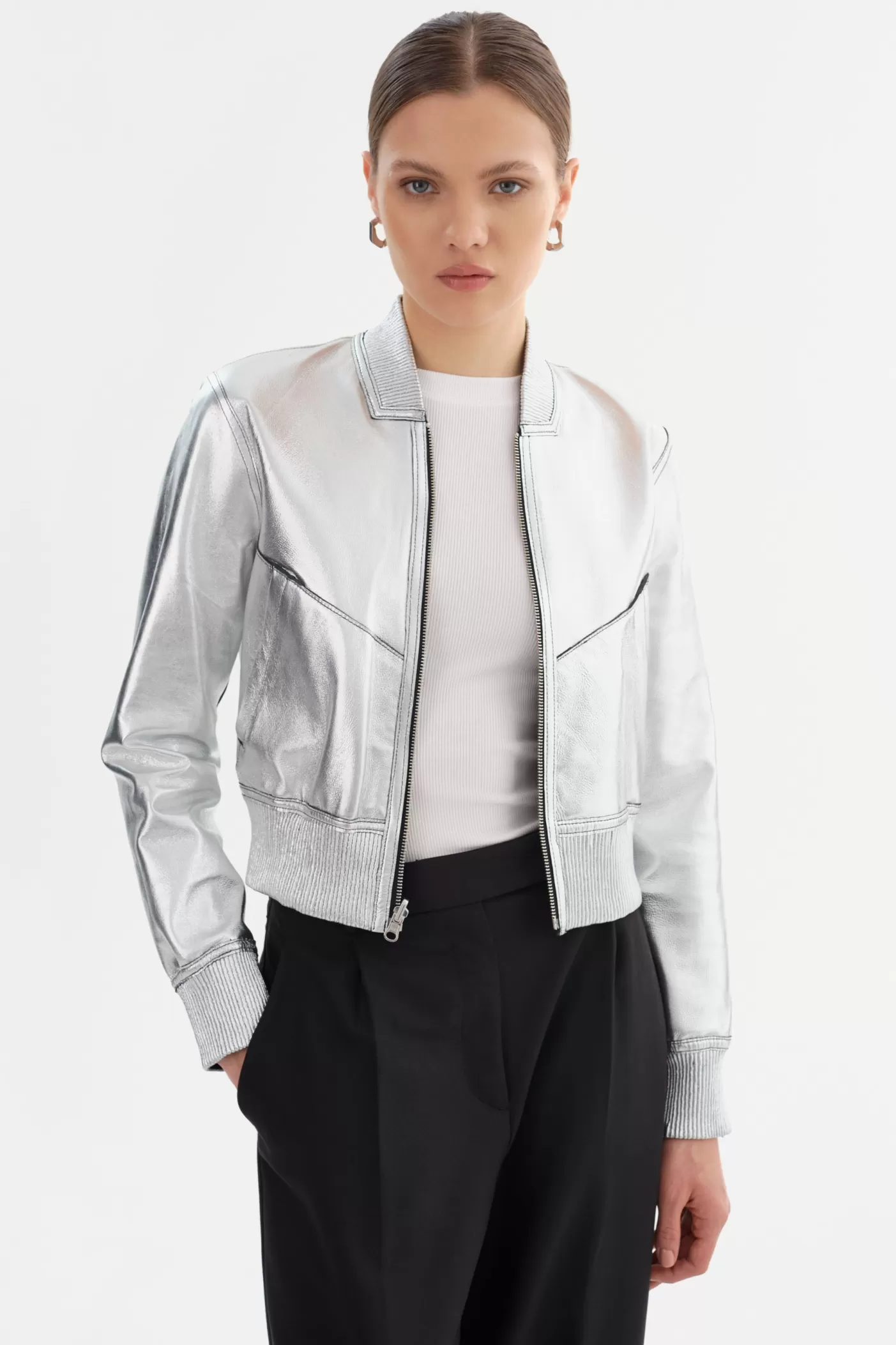 LAMARQUE KORDELLA | Reversible Leather Bomber Jacket Black/Silver Outlet