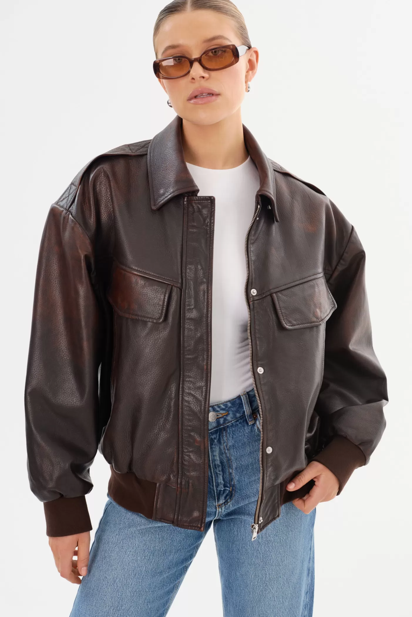 LAMARQUE TREVANNA | Leather Bomber Jacket Rub Off Brown Best Sale