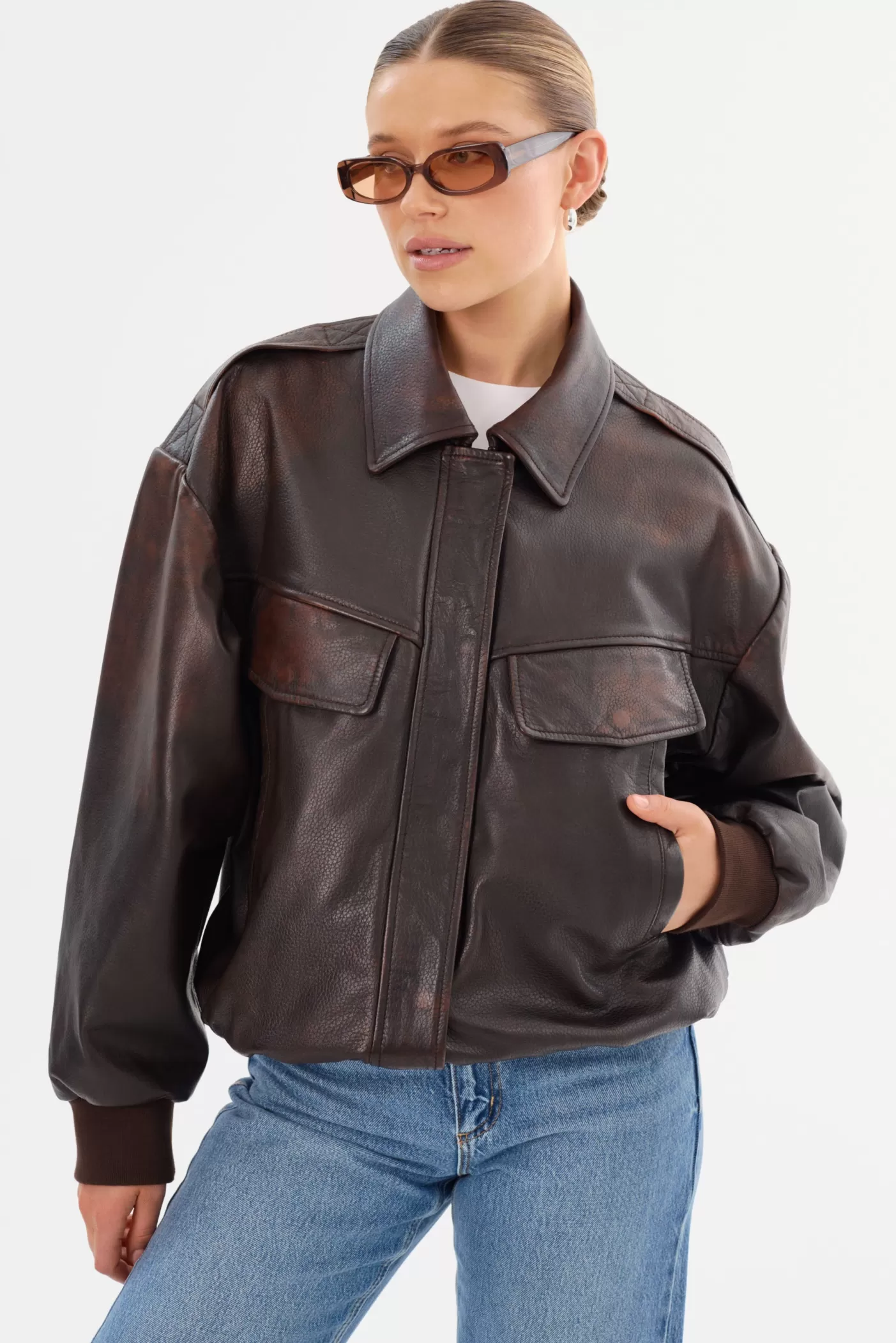 LAMARQUE TREVANNA | Leather Bomber Jacket Rub Off Brown Best Sale